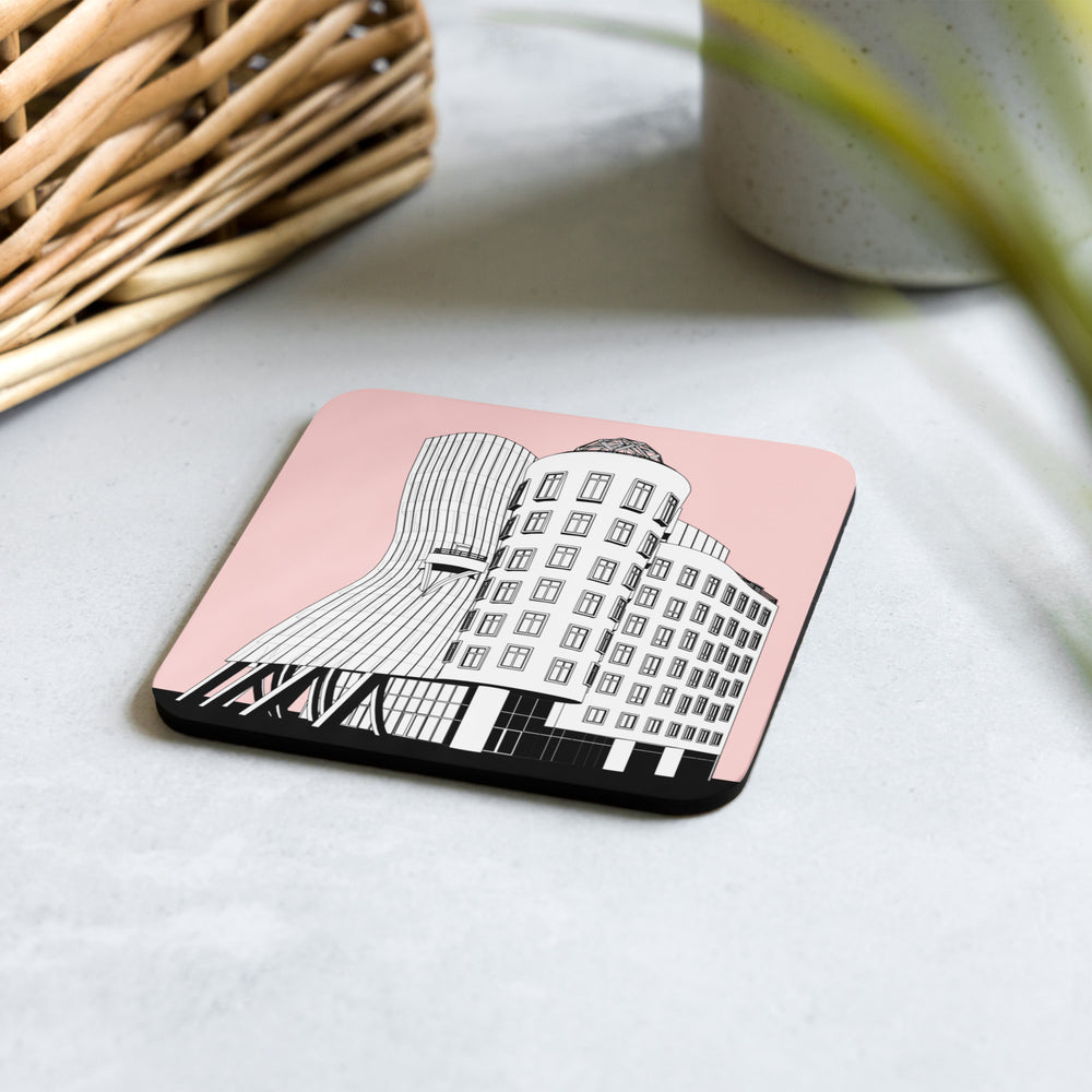 Dancing House (aka Ginger & Fred) Pink Cork-Back Coaster