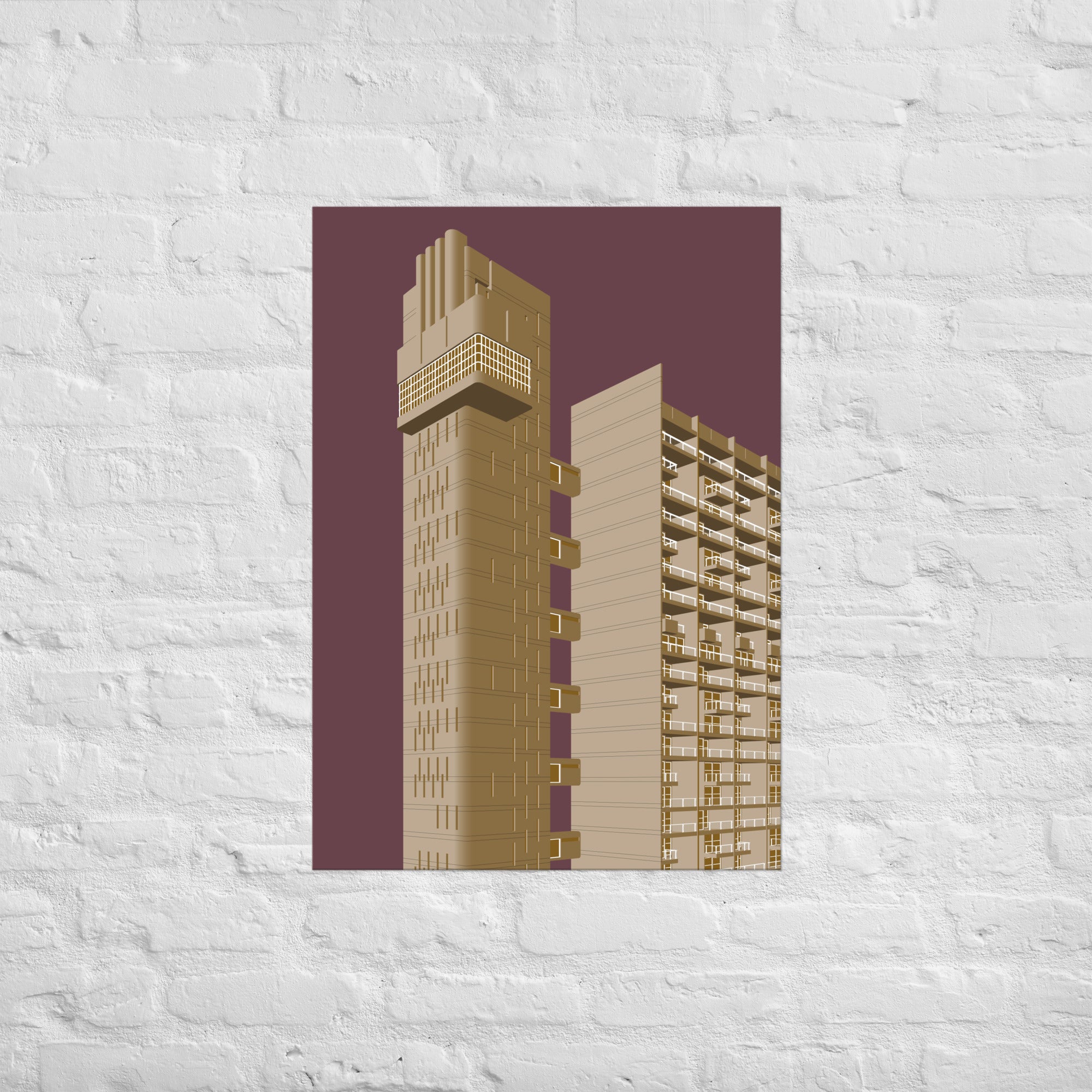 Trellick Tower Beige & Maroon Posters