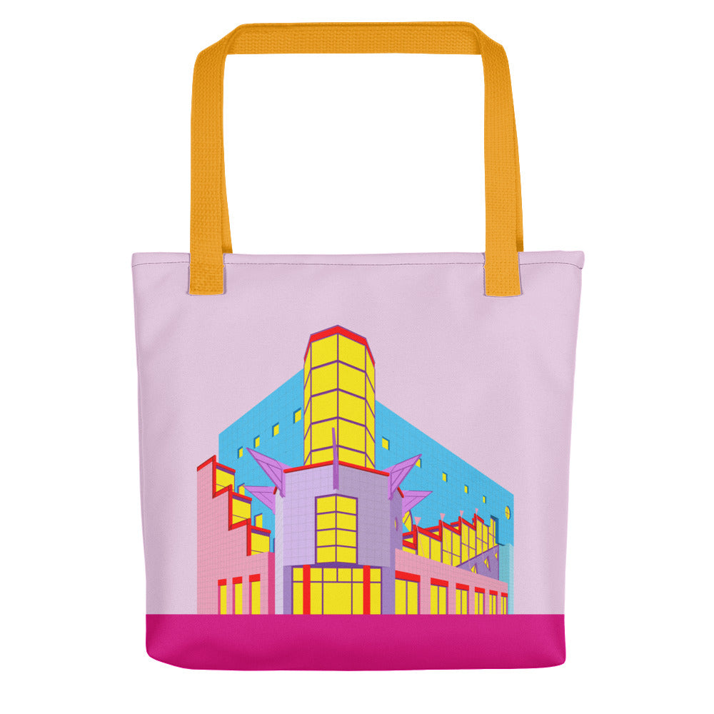 the totally iconic, and now sadly threatened Solpol Department Store in Wroclaw, Poland, by the brilliant Wojciech Jarząbek. postmodernism, postmodern architecture, 90s. Piękna materiałowa torba z paskami z bawełny, z kolorowym nadrukiem przedstawiającym kultowy, obecnie niestety zagrożony rozbiórką dom towarowy Solpol we Wrocławiu (zaprojektowany przez wybitnego Wojciecha Jarząbka, jednego z wiodących architektów polskiego renesansu architektury po transformacji). Z kolekcji Pomo icons.