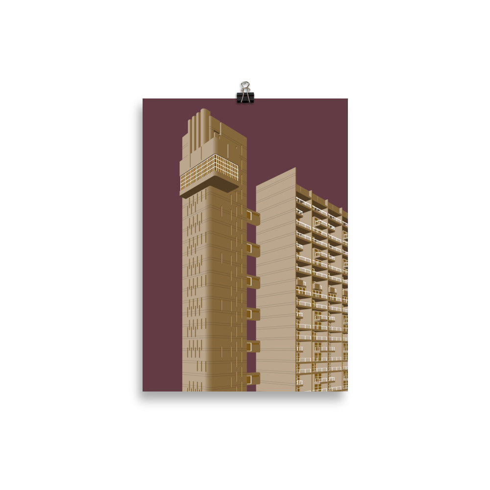 Trellick Tower Beige & Maroon Posters