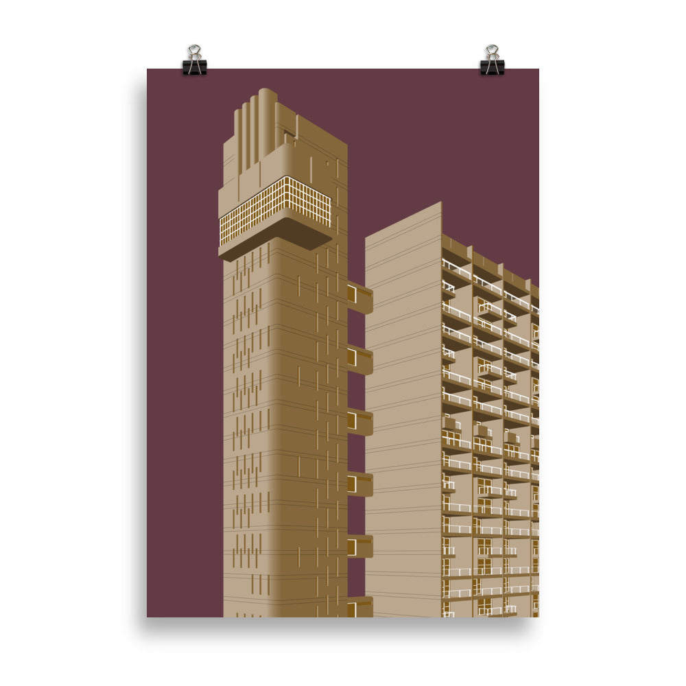 Trellick Tower Beige & Maroon Posters