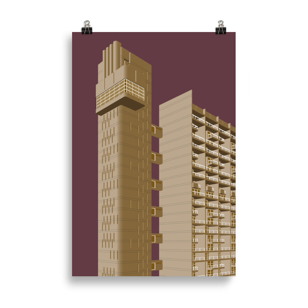 Trellick Tower Beige & Maroon Posters