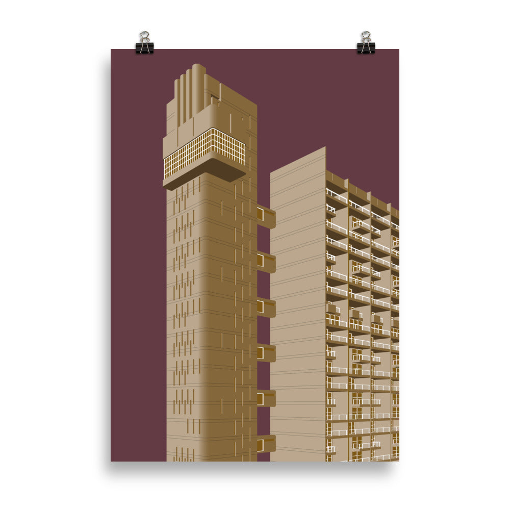 Trellick Tower Beige & Maroon Posters