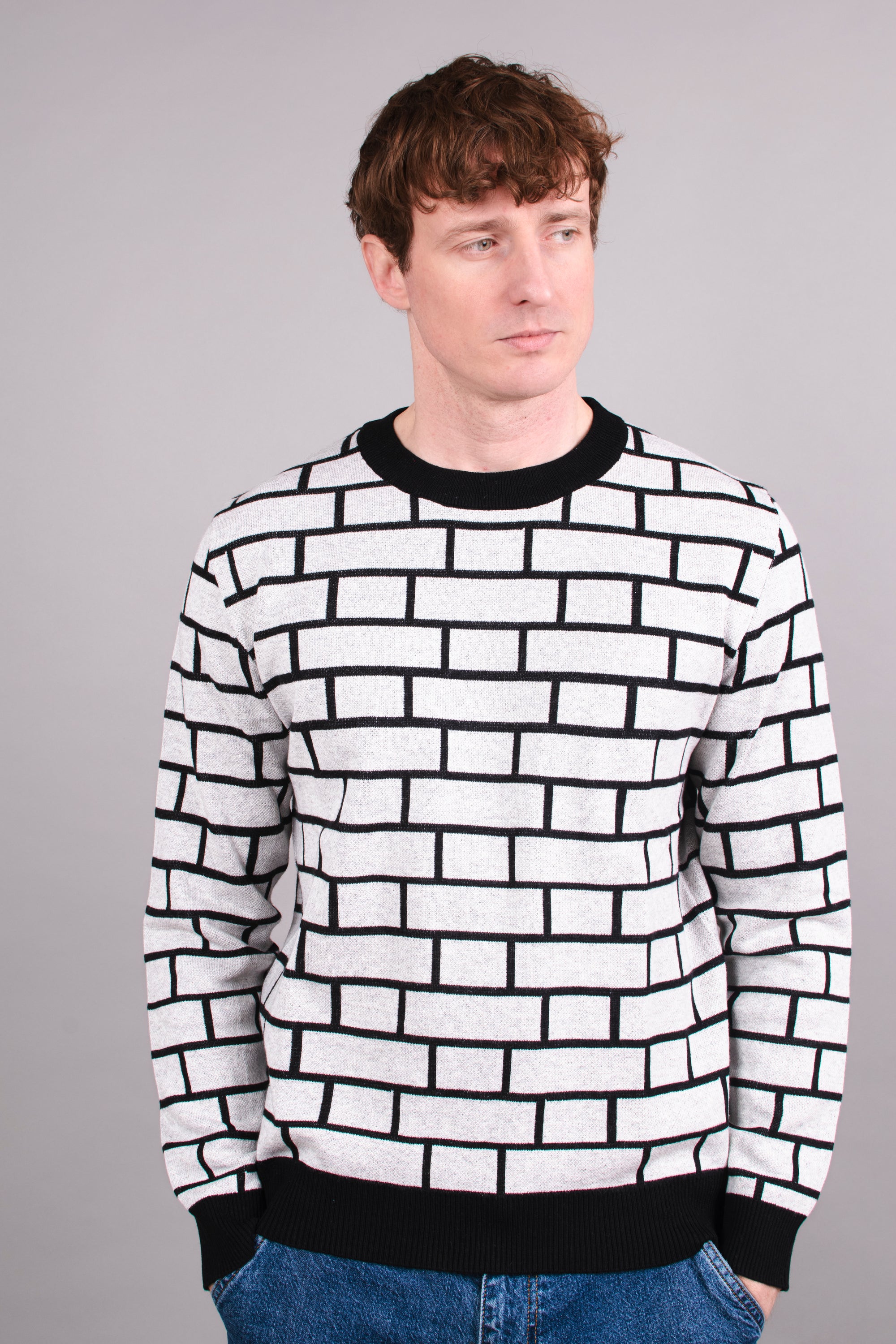 Brick Hatch Black & Grey Knitted Crew Neck Sweater