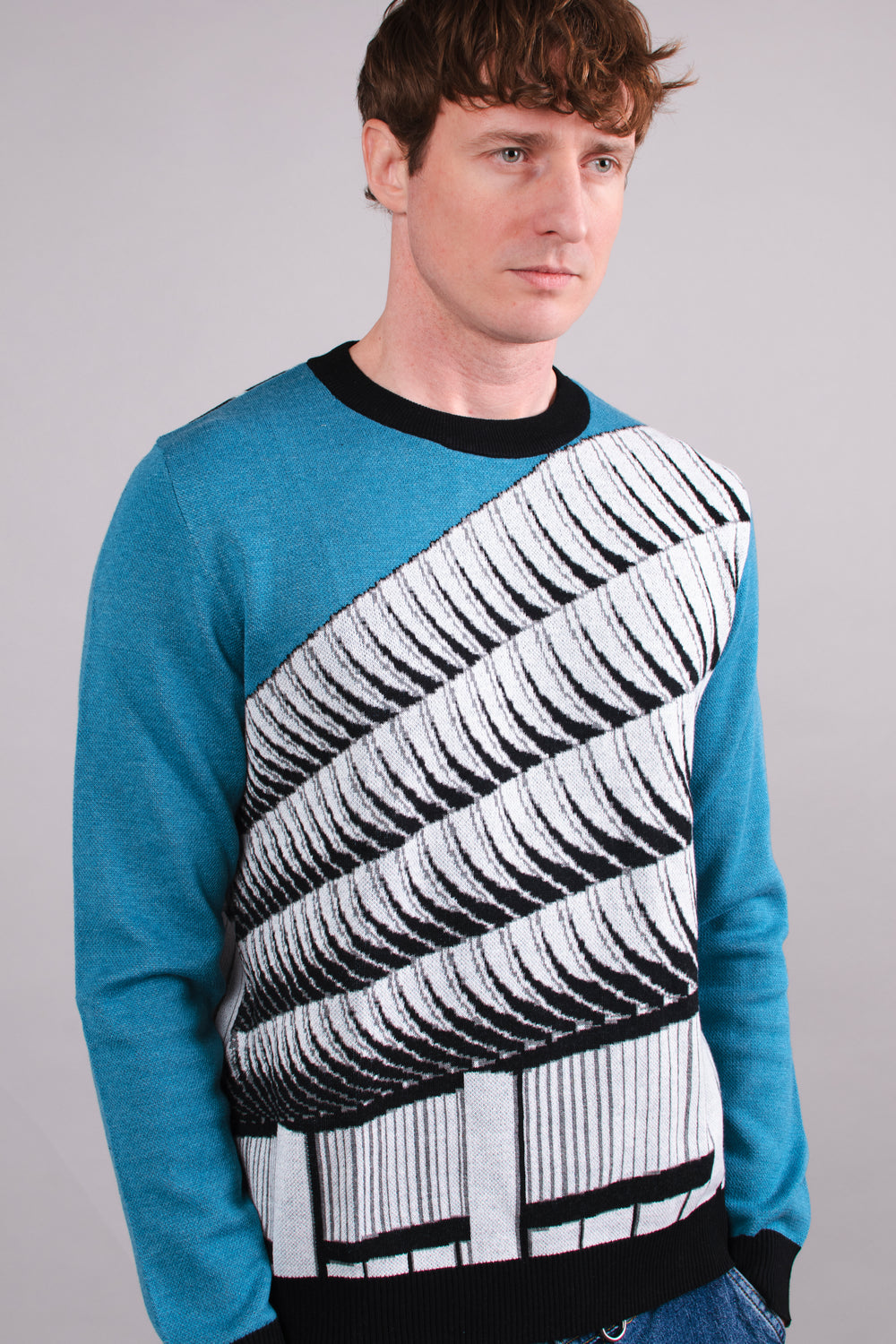 Preston Bus Station Blue, Black & White Knitted Crew Neck Sweater