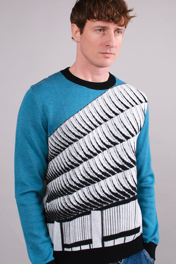 Preston Bus Station Blue, Black & White Knitted Crew Neck Sweater