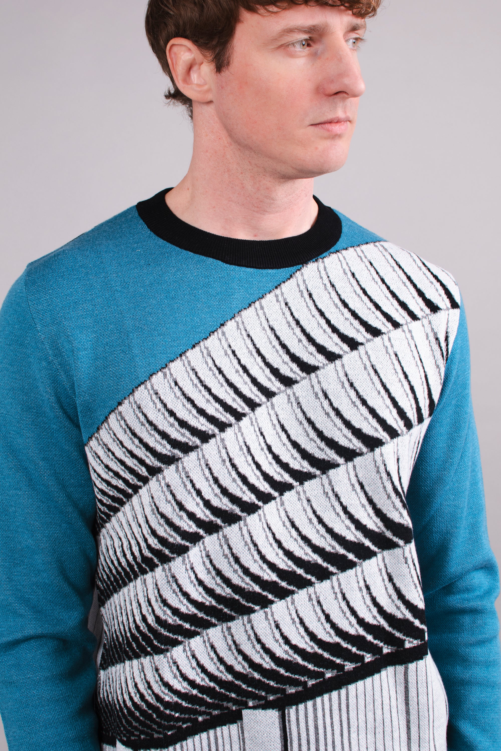 Preston Bus Station Blue, Black & White Knitted Crew Neck Sweater