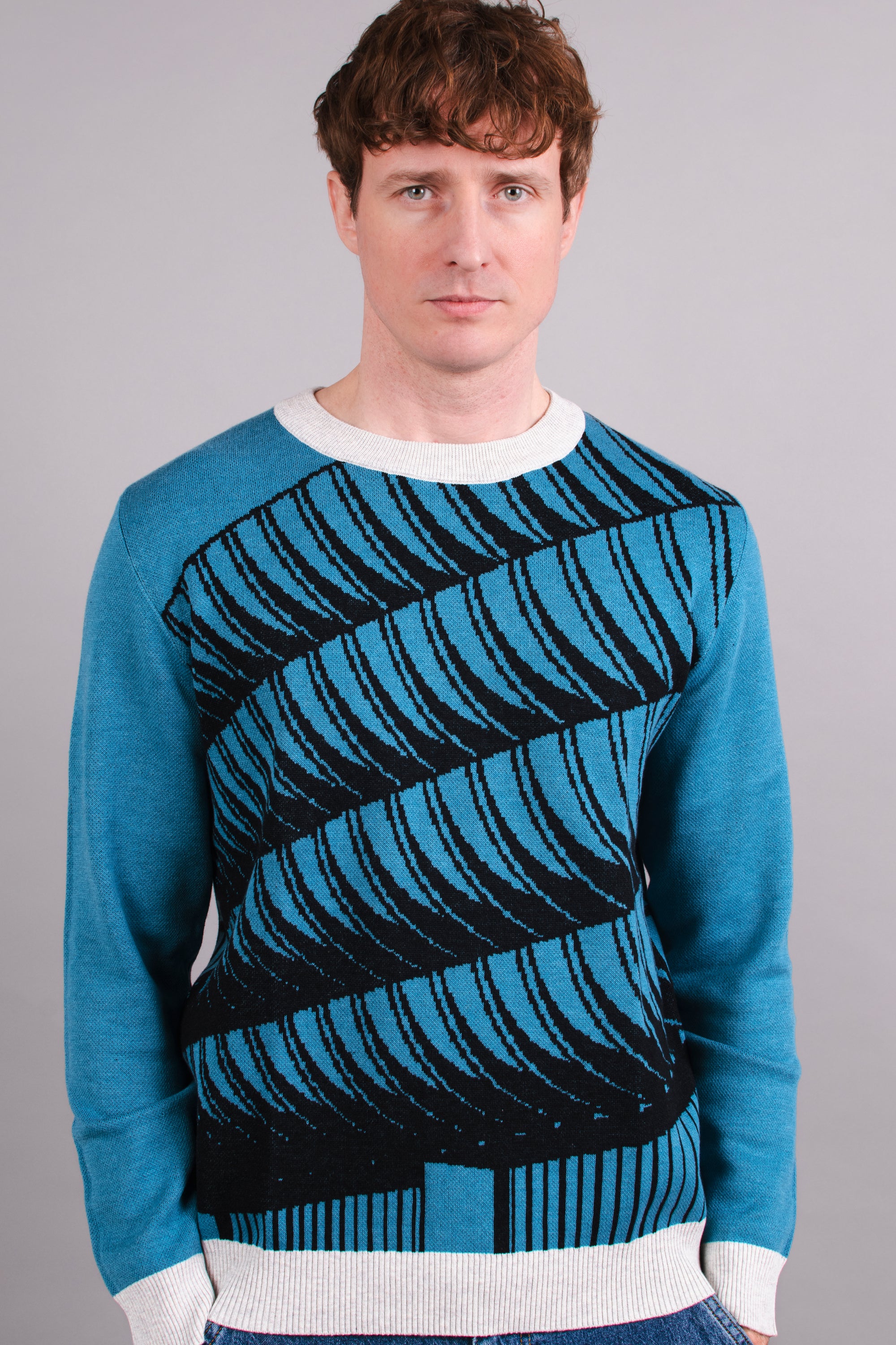 Preston Bus Station Blue & Black Knitted Crew Neck Sweater