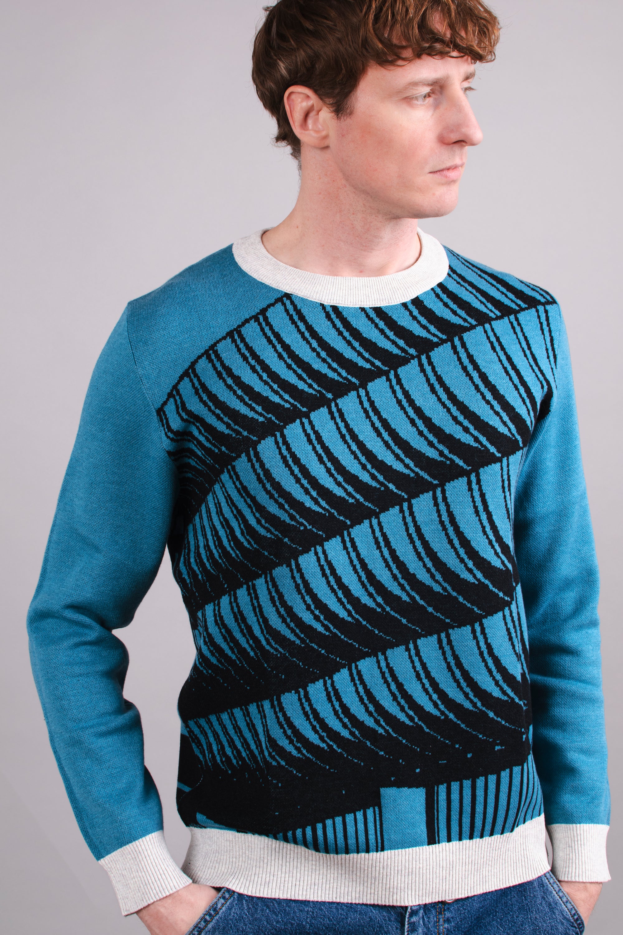 Preston Bus Station Blue & Black Knitted Crew Neck Sweater