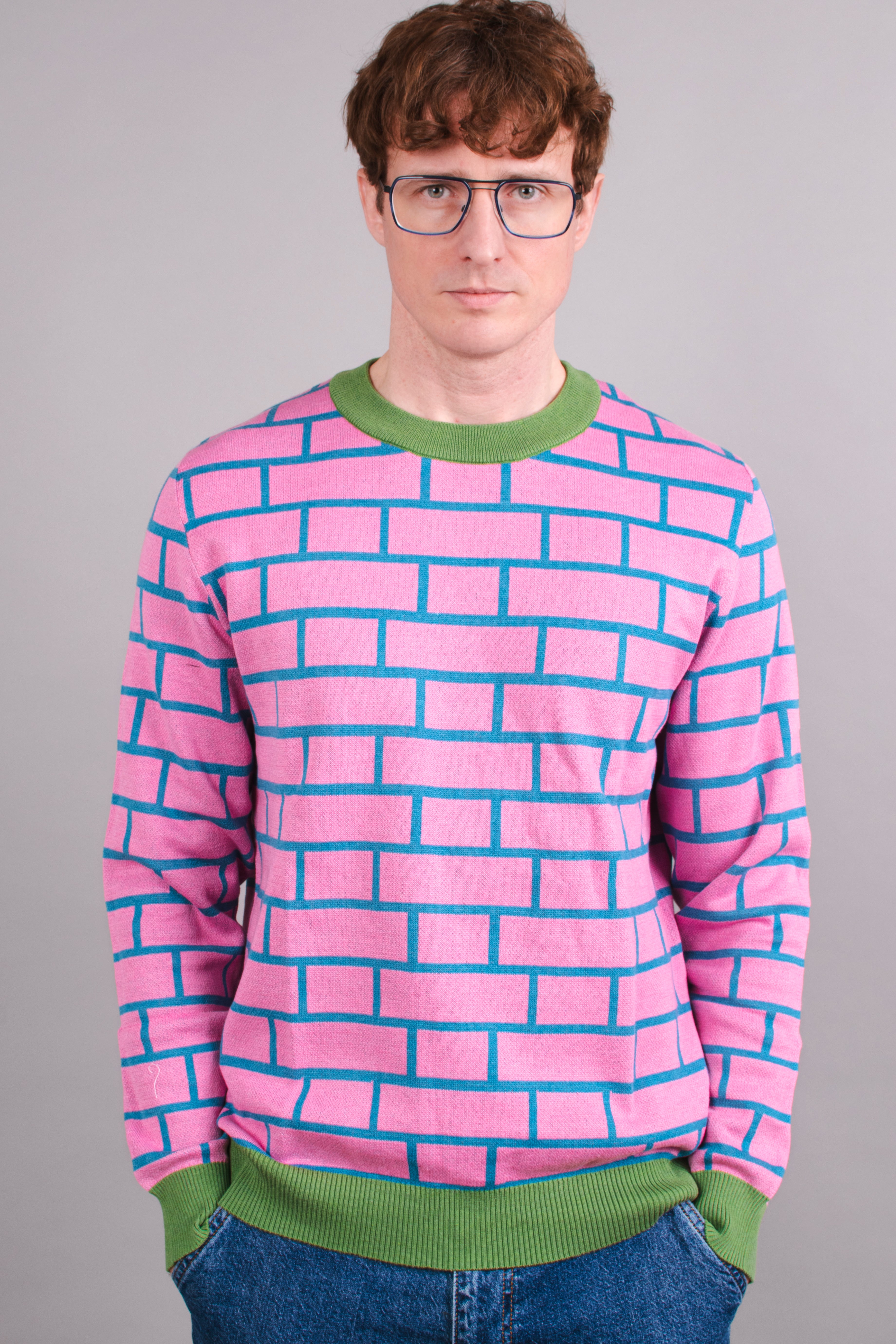 Brick Hatch Pink & Blue Knitted Crew Neck Sweater | Masonry Bond ...