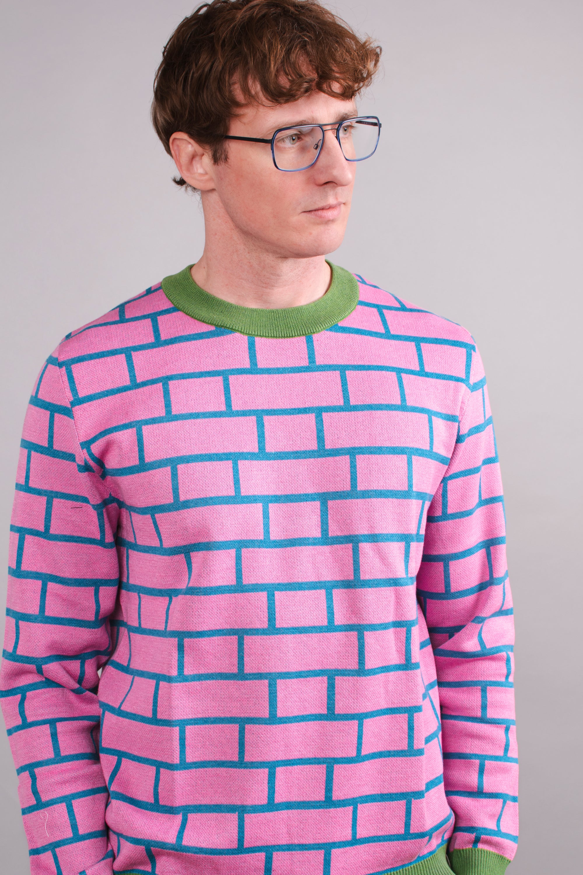 Brick Hatch Pink & Blue Knitted Crew Neck Sweater