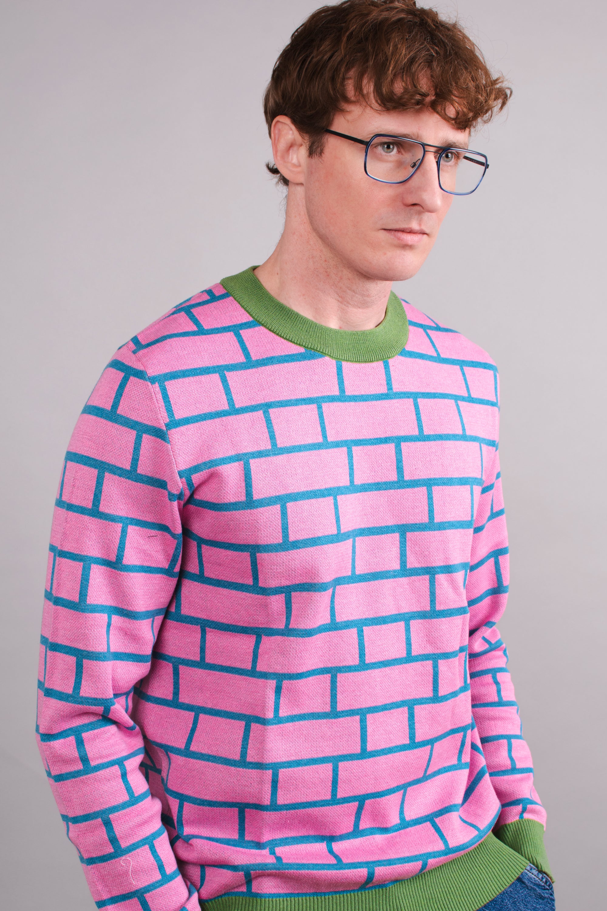 Brick Hatch Pink & Blue Knitted Crew Neck Sweater