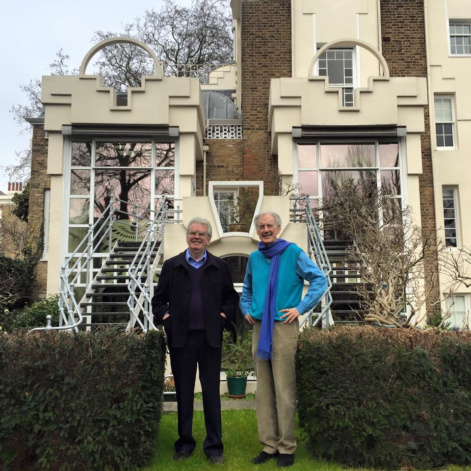 Sir Terry Farrell and Charles Jencks in front of the Cosmic House (aka the Thematic House) which they worked on together in the late 1970s and early 1980s