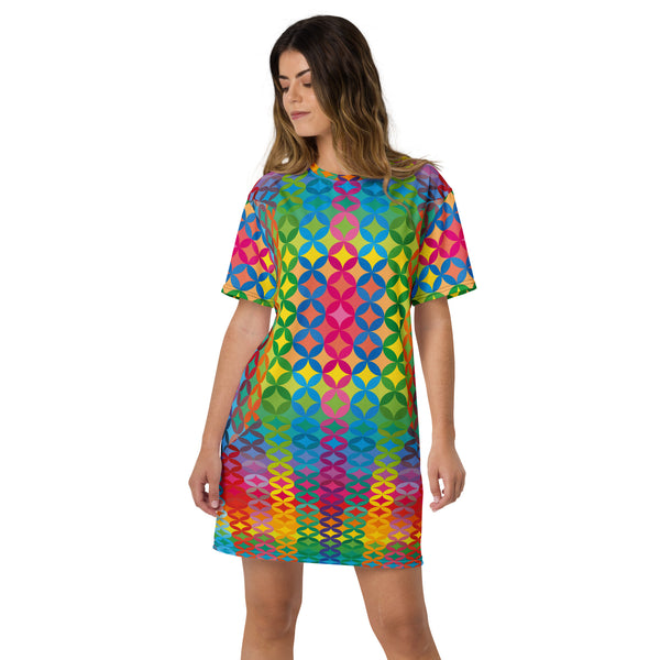 rainbow tie dye t shirt dress Rainbow Tie Dye Alien Lace-Up Neckline T-Shirt Dress