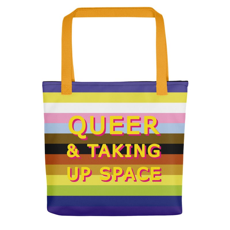 Queer & Taking Up Space Rainbow Tote Bags