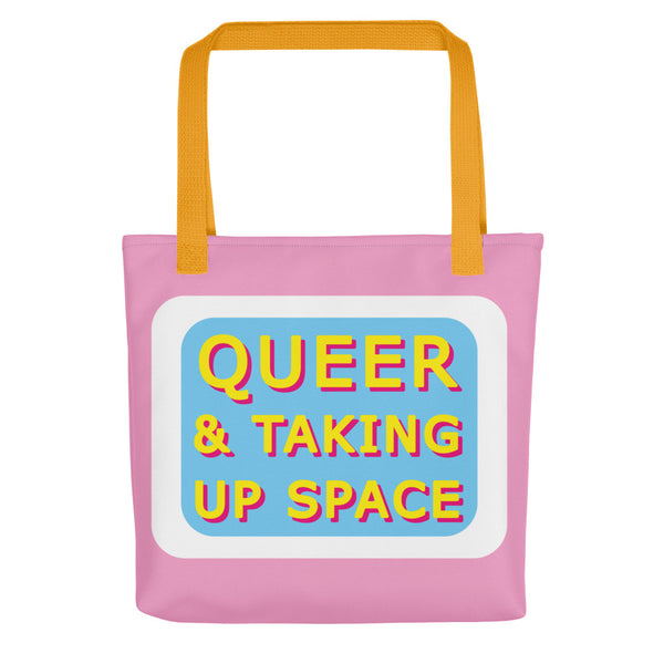 Queer & Taking Up Space Pink, Blue & White Tote Bags