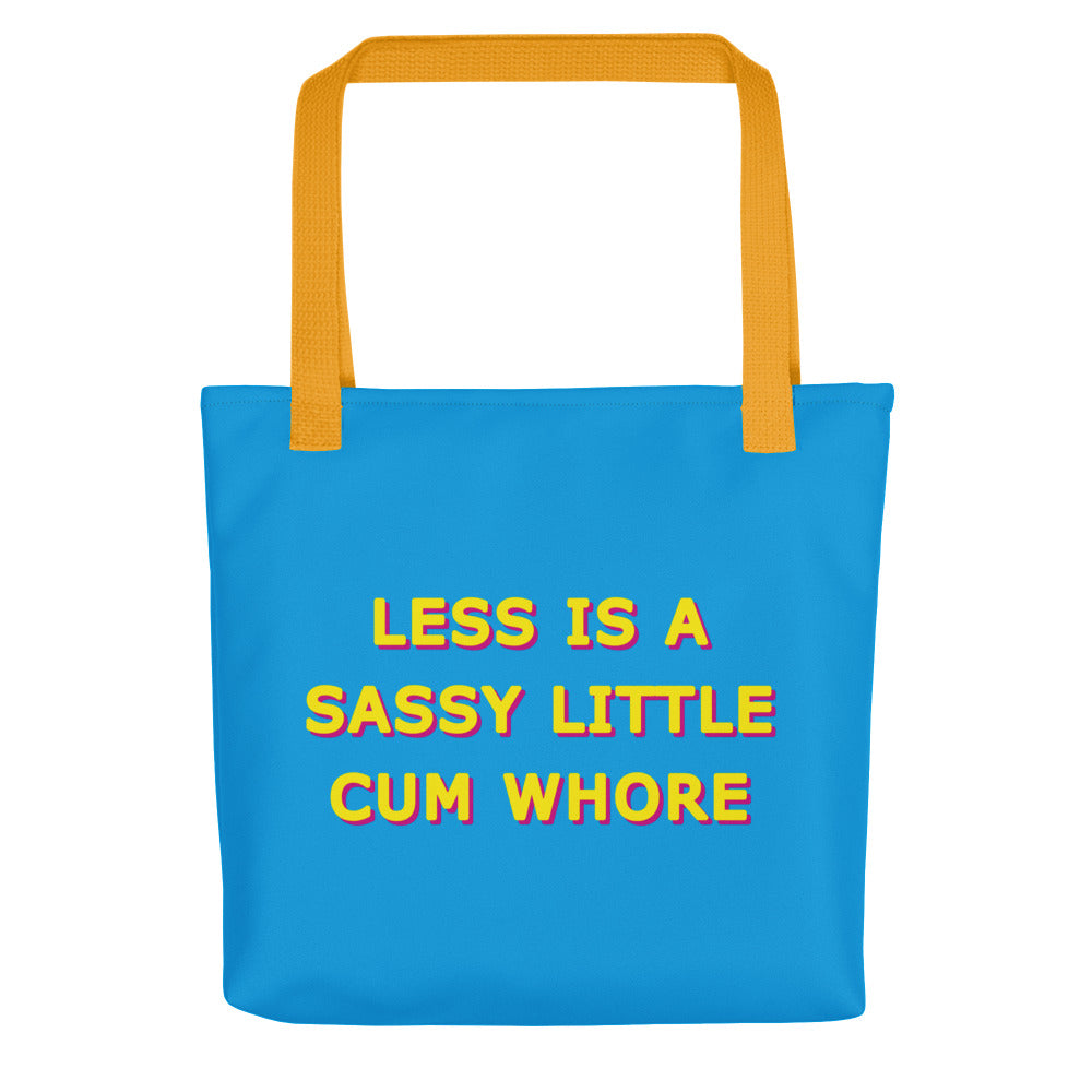 Less Is A Sassy Little Cum Whore Blue & Yellow Tote Bags