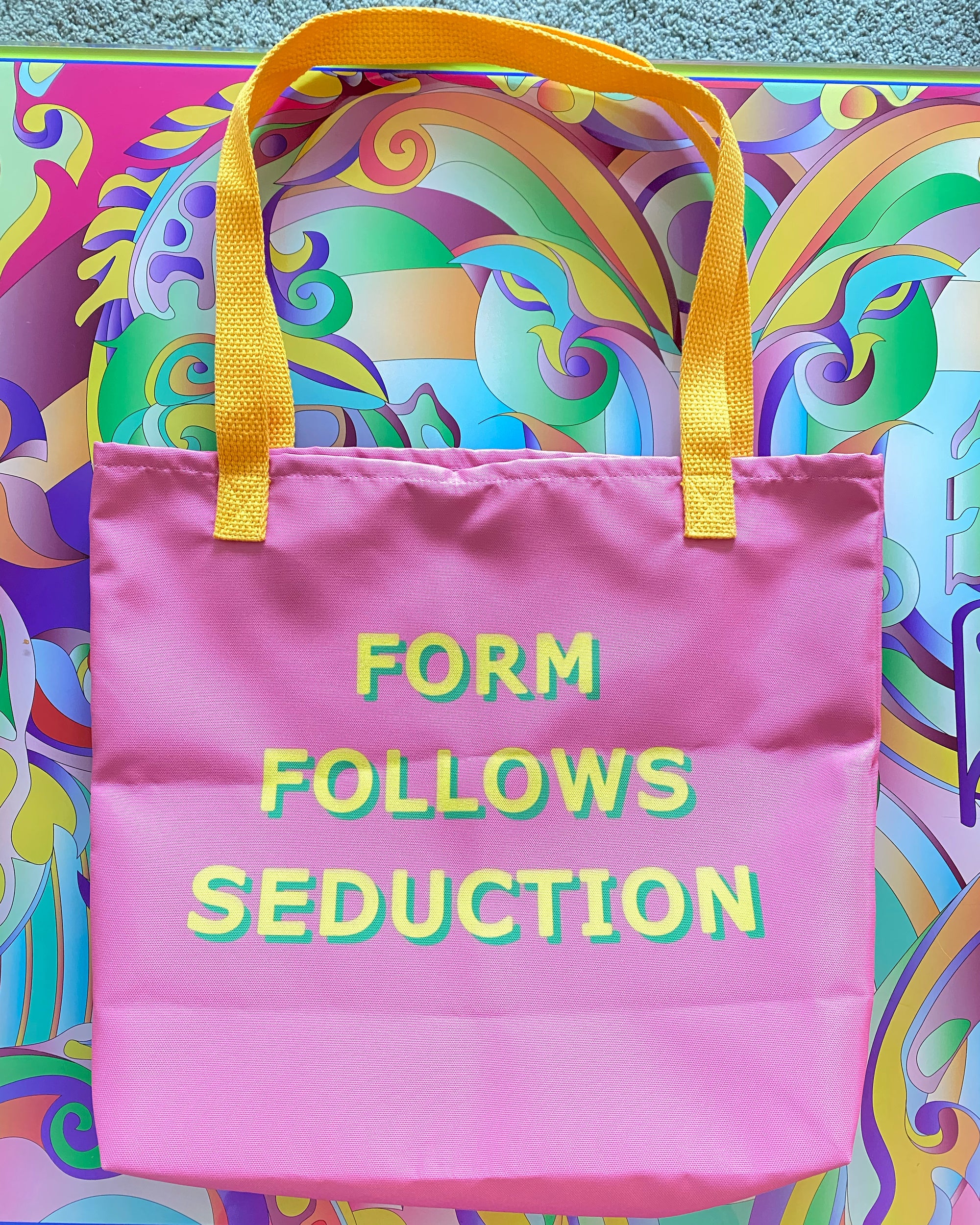 Form Follows Seduction Yellow & Pink Tote Bags