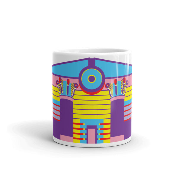 The Isle of Dogs Pumping Station in London (by John Outram, 1988) mug from the Pomo icons collection by John Outram. Postmodern London architecture gifts, postmodernism, mug