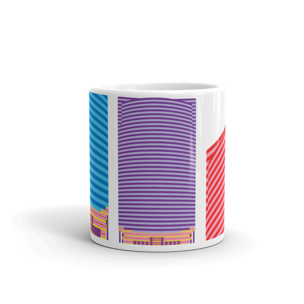 The 333 Wacker Drive (by Kohn Pederson Fox Associates, Chicago, 1983) mug from the Pomo icons collection, Postmodern architecture, postmodernism, Chicago architecture, gifts