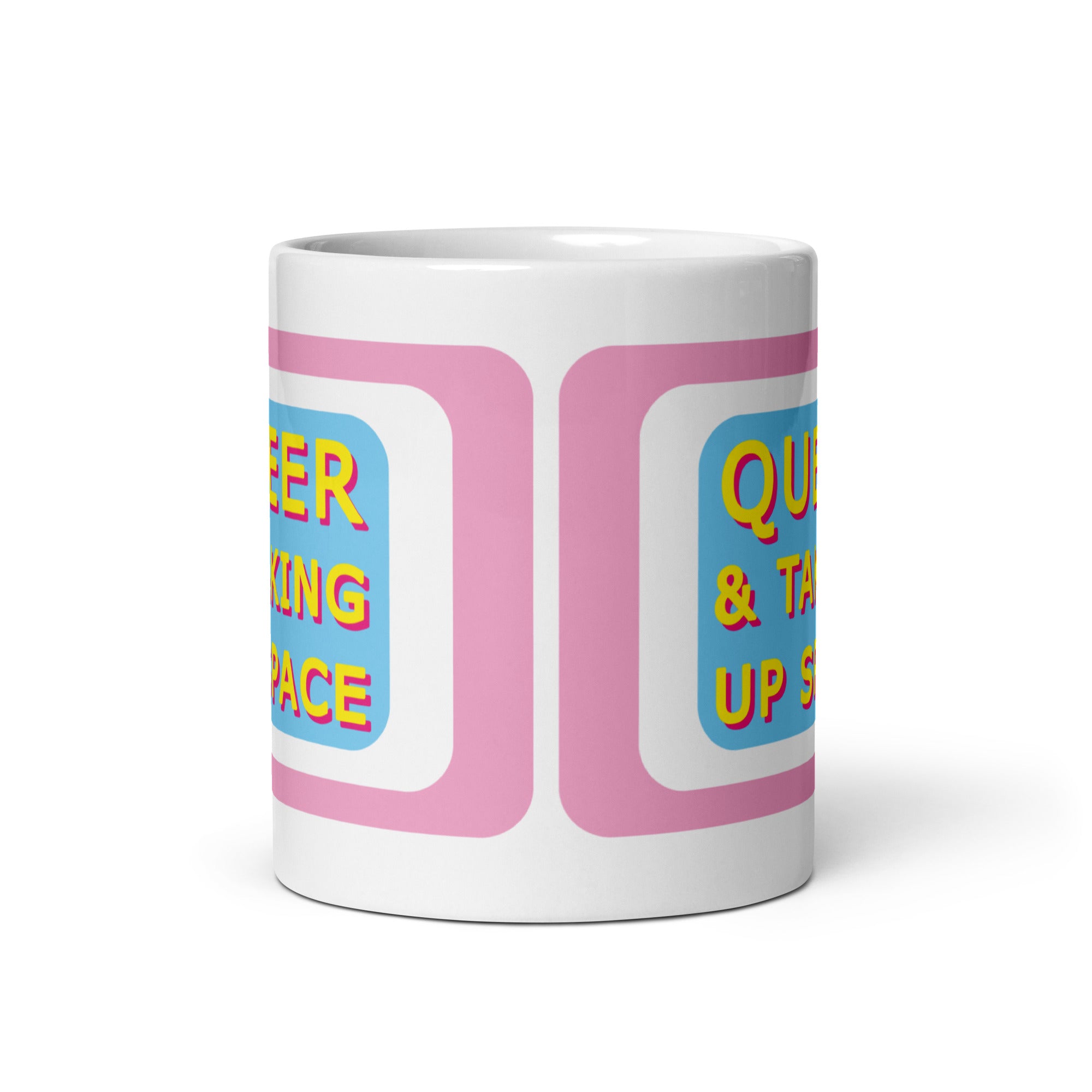 Queer & Taking Up Space Blue, White & Pink Mug